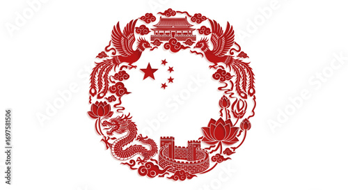A red circular emblem of Chinese cultural symbols including a dragon, phoenix, the Great Wall, and the national flag.