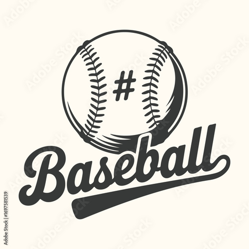 Vector art of retro baseball graphic with the word baseball and a hashtag symbol on a baseball