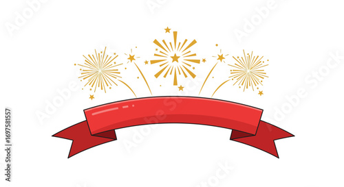 A festive red ribbon banner with golden fireworks exploding in the background, perfect for celebrations.