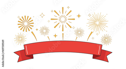 A blank red ribbon banner set against a background of exploding golden fireworks and sparkles.