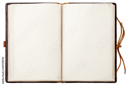 Open blank diary with textured paper and leather cover, tied with a simple string, isolated on a white background
