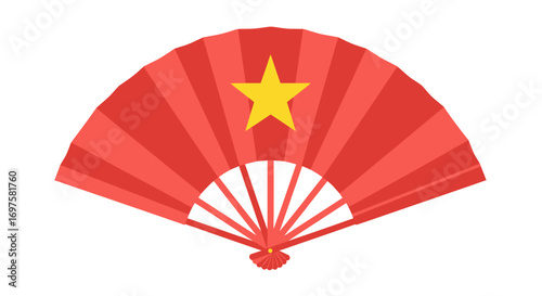 A red folding hand fan with a yellow star, symbolizing the flag of Vietnam, isolated on a white background.