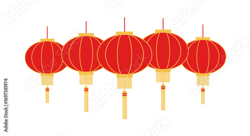 A row of five traditional red Chinese paper lanterns with gold tassels hanging against a white background.