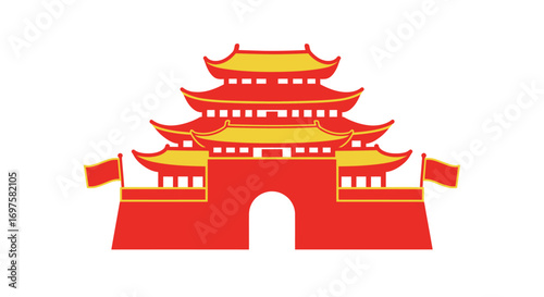 A vibrant red and yellow illustration of a traditional Chinese imperial gate, featuring classic tiered pagoda-style roofs and flags.