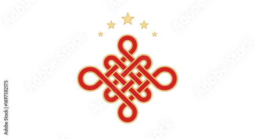 A red endless knot, a symbol of eternity and good fortune, with five golden stars arched above it on a white background.