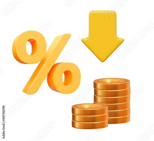 3d low price icon. Yellow percent with arrow down and golden coins stack. Crisis concept sign. Stock vector illustration on isolated background.