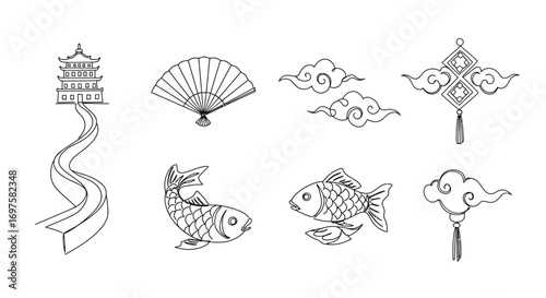 A collection of Chinese cultural icons in a simple line art style, including the Great Wall, koi fish, and lanterns.