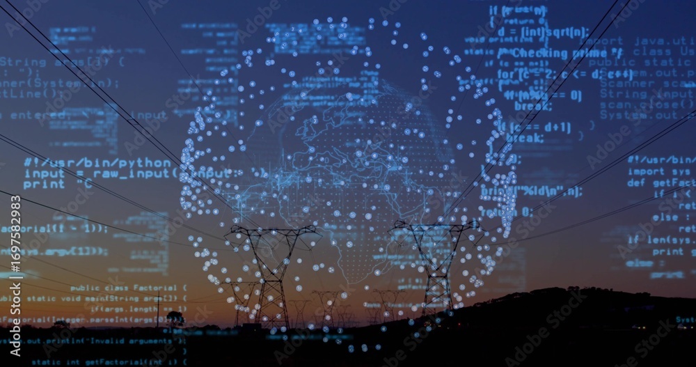 Obraz premium Showing steel pylons with high-voltage lines at dusk, globe and code floating above hills and trees