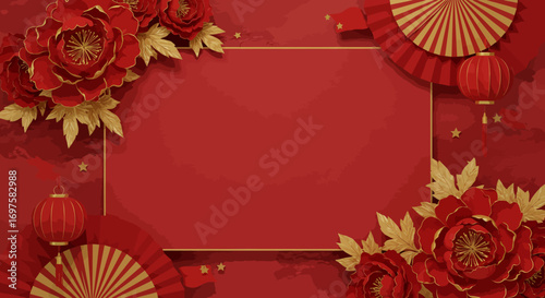 Festive red and gold background with a central frame decorated with paper flowers, fans, and lanterns for Chinese New Year.