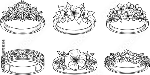 Elegant floral and diamond engagement rings, detailed hand-drawn botanical jewelry designs, vintage style wedding bands, nature-inspired ring illustrations.