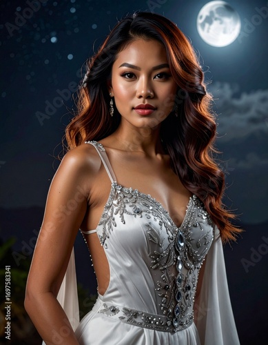 A professional figure, dressed in a shimmering, silver gown adorned with intricate, sparkling gemstones and delicate lace, stands confidently against a backdrop of a starry night sky.