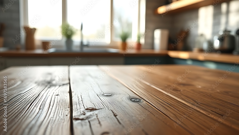 Rustic wooden table with natural grain texture, reflecting morning light from a kitchen window. Rustic wooden table with natural grain texture, reflecting morning light from a kitchen window.