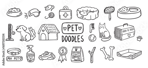 Pet Cat and Dog doodle hand drawn set elements. Pet stuff drawing isolated icons