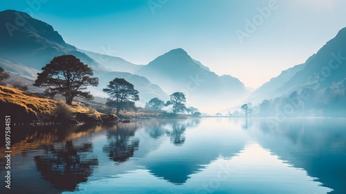 Serene mountain lake bathed in a tranquil morning mist, showcasing the mirrored reflection of the hazy peaks and trees.