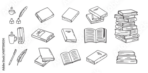 Hand drawn doodle different black outline books. linear style book icons set. Drawing books variations.