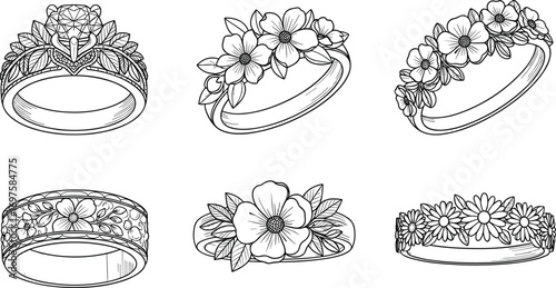 Hand-drawn floral ring designs, elegant flower engagement rings, detailed botanical jewelry illustrations, vintage floral ring sketches, beautiful nature-inspired rings