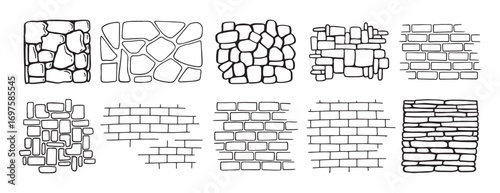 brick and stone wall textures doodle hand drawn. Outline drawing brick and stone wall textures line clipart symbol