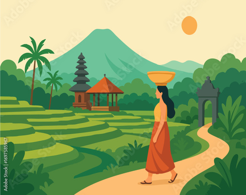 Ubud Bali and People are carrying water containers.