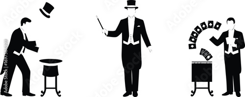 Magician performing tricks with top hat, magic wand, playing cards, elegant tuxedo, classic magic show, illusion, entertainment, mystery