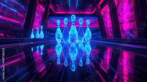 Futuristic neon bowling alley with glowing blue pins and pink accents