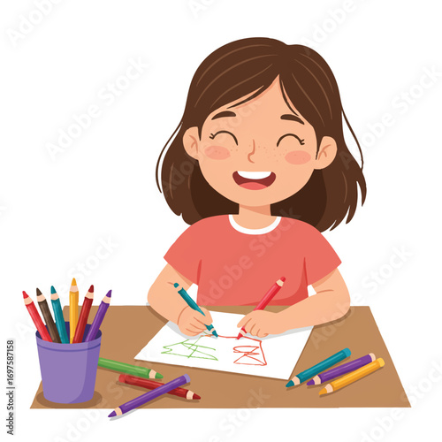 A vibrant flat 2D vector illustration features a smiling little girl happily drawing with colorful crayons on paper at a small table, surrounded by various art supplies on a clean white background.