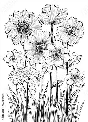 Floral coloring page for adults with detailed flowers
Black and white floral line art illustration for coloring