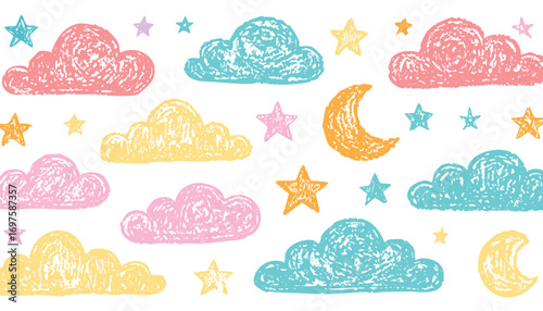 Pastel clouds and stars with crescent moon vector
