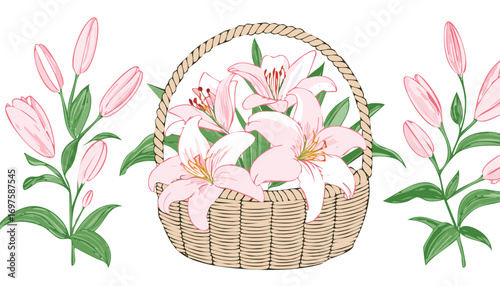 Pink lilies in woven basket with green leaves floral arrangement spring flowers