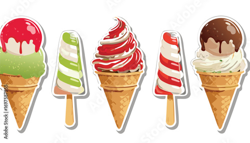 Assorted ice cream cones and popsicles with drizzles green