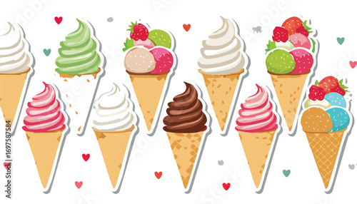 Assorted ice cream cones with fruit and hearts soft serve fruit toppings
