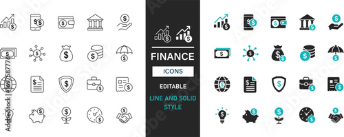 Finance icon set line and solid style. Money,bank,loan,credit,investment,savings,card,wallet,chart,cash vector collection.