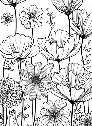 Floral coloring page for adults with detailed flowers
Black and white floral line art illustration for coloring