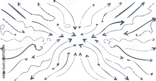 Diverse hand drawn arrows and dotted lines in various directions directional movement