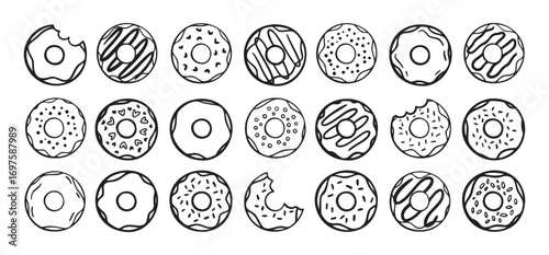 Doodle donuts set. hand drawn outline donut icons. Collection of cute doughnuts. Donut Doodles Sketch of cute donuts.