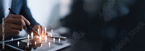Businessman is using tablet managing human resources on virtual screen, recruitment, hr, human resource management concept