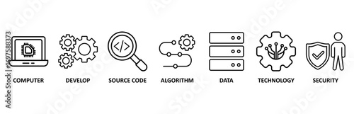 Programming icon set vector illustration for computer, develop, source code, algorithm, data, technology and security