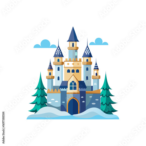 Vector illustration of a fairy tale castle in winter