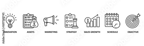 Business plan icon set vector illustration for innovation, assets, marketing, strategy, sales growth, schedule, and objective