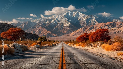 Asphalt road leading to snow capped mountains and autumn trees highway