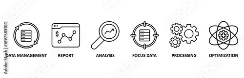 Data analysis icon set vector illustration for data management, report, analysis, focus data, processing, optimization