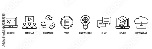 E-learning icon set vector illustration for online, seminar, exchange, voip, knowledge, chat, study and download