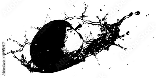 A hyper-realistic image of a ripe mango splashing into clear water. The mango is vibrant, with a smooth gradient of red, orange, and yellow skin, glistening with water droplets. The splash effect is d