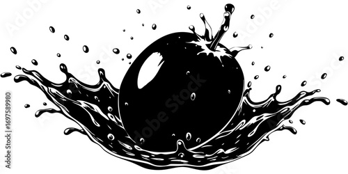 A hyper-realistic image of a ripe mango splashing into clear water. The mango is vibrant, with a smooth gradient of red, orange, and yellow skin, glistening with water droplets. The splash effect is d