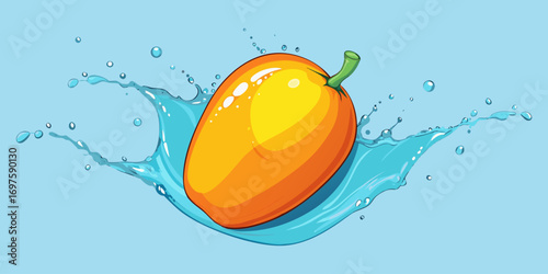 A hyper-realistic image of a ripe mango splashing into clear water. The mango is vibrant, with a smooth gradient of red, orange, and yellow skin, glistening with water droplets. The splash effect is d