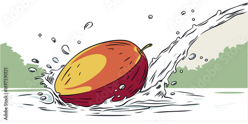 A hyper-realistic image of a ripe mango splashing into clear water. The mango is vibrant, with a smooth gradient of red, orange, and yellow skin, glistening with water droplets. The splash effect is d