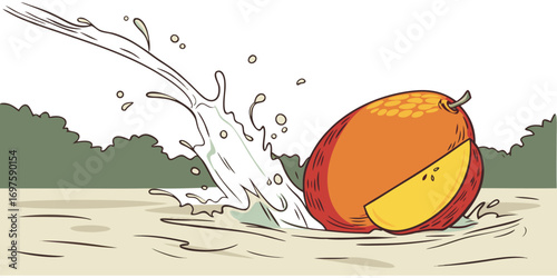 A hyper-realistic image of a ripe mango splashing into clear water. The mango is vibrant, with a smooth gradient of red, orange, and yellow skin, glistening with water droplets. The splash effect is d