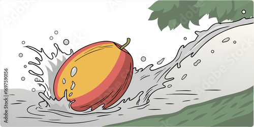 A hyper-realistic image of a ripe mango splashing into clear water. The mango is vibrant, with a smooth gradient of red, orange, and yellow skin, glistening with water droplets. The splash effect is d