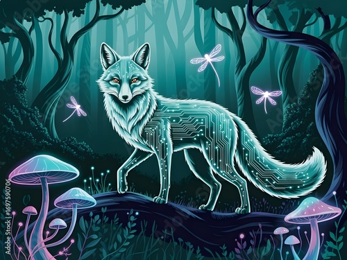 Futuristic cybernetic fox glowing with circuit patterns in a mystical forest with neon mushrooms and dragonflies. Fantasy digital artwork in sci-fi and cyberpunk style.
