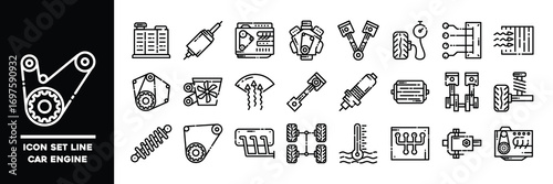 Line Icon Set Depicting Car Engine Components and Mechanics.