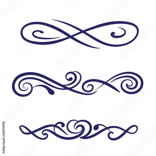 Elegant collection of three decorative swirl design elements in dark blue on white background